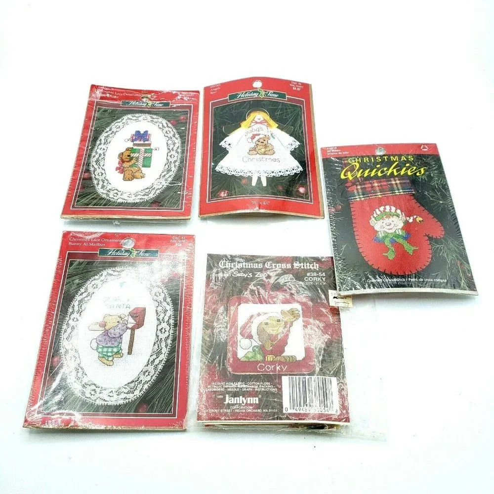 Vintage Christmas Lot of 5 Counted Cross Stich Kits Holiday Time